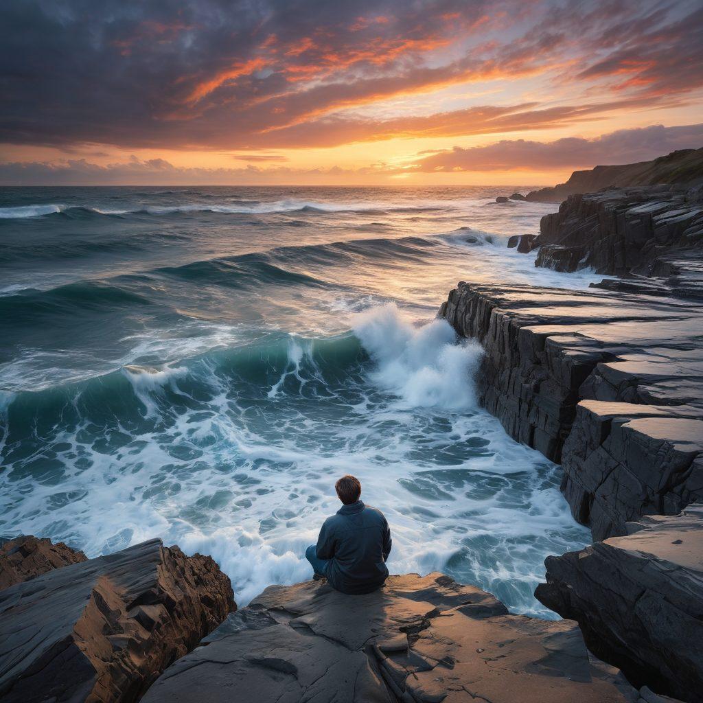 A solitary figure sitting on a rocky shore, gazing out at a turbulent ocean reflecting hues of deep blue and gray, symbolizing the complexity of emotions. Soft, wispy clouds part to reveal a gentle sunrise on the horizon, suggesting hope amidst despair. Subtle depictions of various emotions like sadness and peace manifest in the waves, creating a surreal atmosphere of introspection. ethereal painting. soft pastels. contemplative mood.