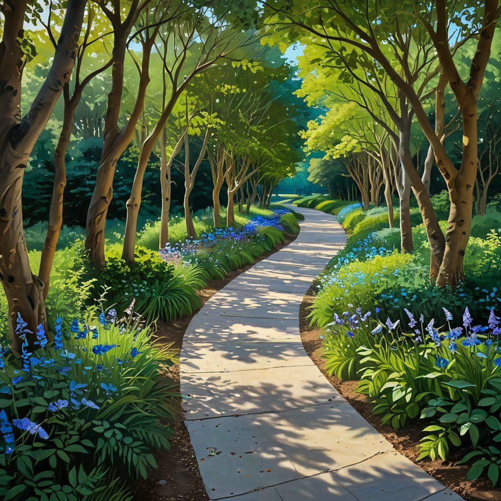 A serene, winding path transitioning from a deep blue landscape to vibrant greens, symbolizing emotional growth. Along the path, reflective mirrors catch glimpses of various emotional expressions: sadness, joy, introspection. Soft light filters through trees, representing hope and clarity in the journey. Include delicate butterflies fluttering around, adding a whimsical touch. painting. vibrant colors.