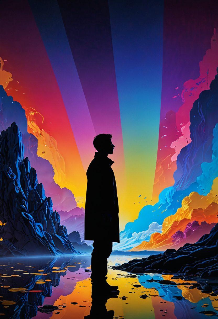 A vibrant spectrum radiating colors from deep blues to bright yellows, depicting the complexity of emotions; each color blending seamlessly into the next, symbolizing the journey through sorrow to healing. Silhouette of a person standing at the center, contemplating the colors, with abstract emotional icons flowing around. Soft ethereal lighting enhances the emotional depth. surreal art. vibrant colors. 3D.